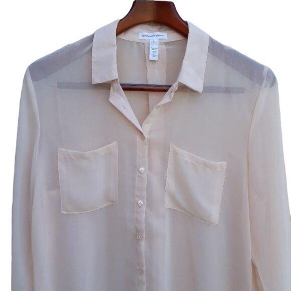 Ambiance Apparel Top Long Sleeve Blouse Sheer Button Down Pockets Peach Sz L - Picture 5 of 8